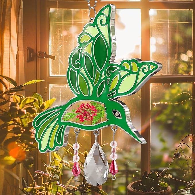 KY&BOSAM Hummingbird Suncatcher Crystal Colorful Rainbow Prisms Sun Catchers for Windows Hangings Wind Chimes Ornaments with Pressed Flower and Metal Charms Gifts for Mom Mothers Day Christmas Decor