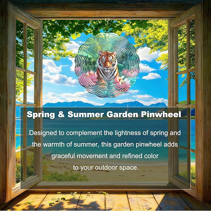 10x10 Inch Wind Spinner Outdoor Hanging Tiger Lotus Pond Metal Kinetic Spiral Ornament for Yard Garden Patio Porch Balcony Tree Window Decor Gift