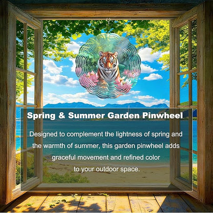 10x10 Inch Wind Spinner Outdoor Hanging Tiger Lotus Pond Metal Kinetic Spiral Ornament for Yard Garden Patio Porch Balcony Tree Window Decor Gift