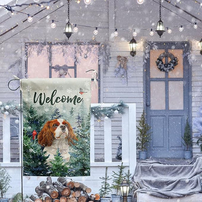 Welcome Winter Garden Flags Cavalier King Charles Spaniel Garden Flag Cardinal Birds on Snowy Pine Tree Flag Dog Yard Flags for Outside 12x18 Double Sided Christmas Decorative Lawn Flags