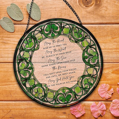 Irish Blessing Suncatcher Stained Glass Window Hanging, Irish Blessing Gifts Sun Catchers Indoor Window Glass Round Wall Decor, Ireland Gifts Wall Art Hanging Decorations, ＂7.8x7.8＂