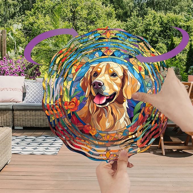 Golden Retriever Wind Spinner Pet Dog Memorial Gifts 3D Aluminum Metal Kinetic Hanging Wind Sculpture Spinners for Yard and Garden Indoor Outdoor Window Garden Decoration 8 Inch (Golden Retriever 1)