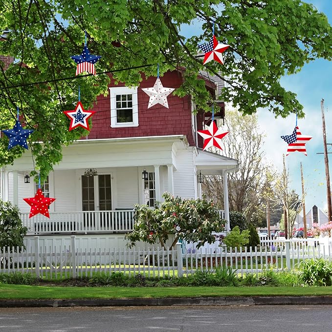 16 Pcs 4th of July Hanging Star Lawn Sign Star Patriotic Yard Signs Decorations Plastic Independence Day Garden Hanging Ornaments for Labor Day Veterans Day Memorial Day Home Garden Yard Tree Decor