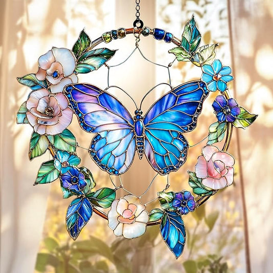 Butterfly Flower Acrylic Suncatcher Hanging Christmas Ornament Stained Glass Effect Window Car Indoor Outdoor Decor Garden Sun Catcher Gifts Nature Lover Decorations for Women Mom Grandma