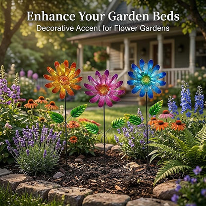 Metal Flower Garden Stake for Outside, 3 Pcs 16" H Outdoor Garden Stakes Decor, Yard Outdoor Ornaments for Patio, Lawn, Patio(Yellow & Purple & Blue)