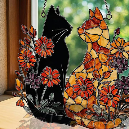 Warm Mosaic Cat Floral Art Acrylic Suncatcher Stained Glass Effect Window Car Hanging Christmas Ornament Indoor Outdoor Decor Garden Sun Catcher Panel for Valentine's Day Lover for Women Mom Grandma