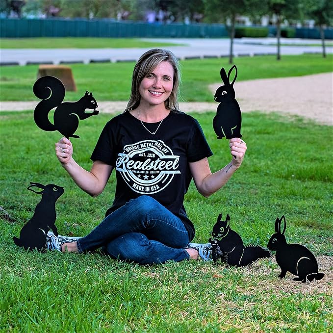 RealSteel Metal Garden Animal Sculptures & Statues – Bunny & Squirrel Yard Art Stake Pack – Outdoor Lawn & Flowerbed Decor – Weather-Resistant Steel Garden Decorations – Gift for Gardeners – Black