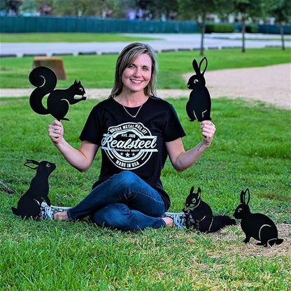 RealSteel Metal Garden Animal Sculptures & Statues – Bunny & Squirrel Yard Art Stake Pack – Outdoor Lawn & Flowerbed Decor – Weather-Resistant Steel Garden Decorations – Gift for Gardeners – Black