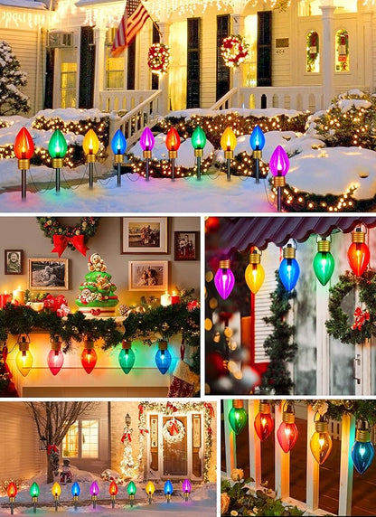 Moonflor Jumbo C9 Christmas Pathway Lights Outdoor - 8.5 Feet 5 LED C9 Walkway Light, C7 Light Covered Jumbo Multicolor Bulb Christmas Lights Outdoor Decorations for Lawn Holiday Outside Yard Garden