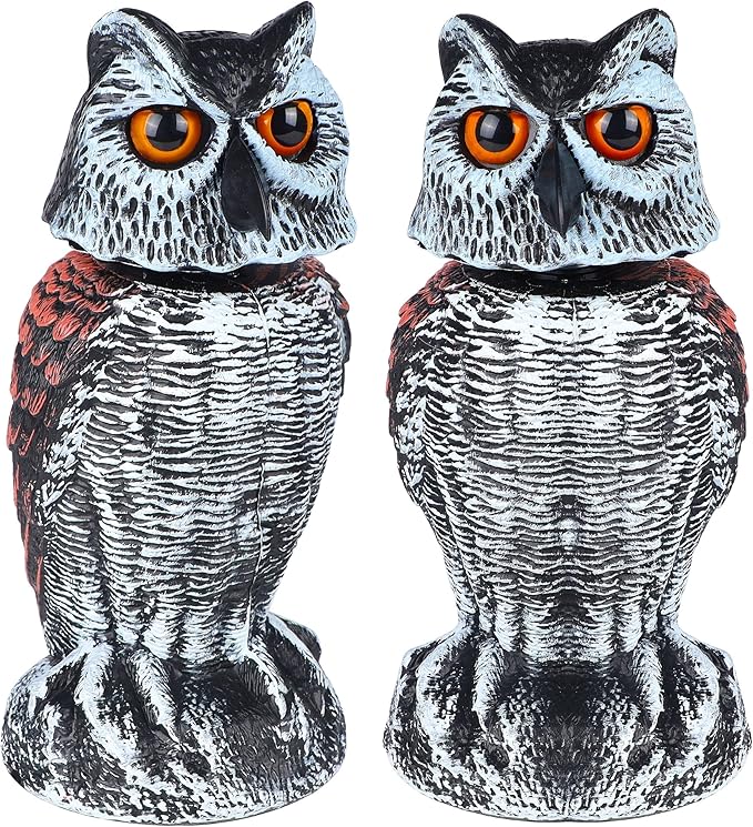 Hausse 2 Pack Fake Owl Decoy Bird Scarecrow Sculpture, Rotating Head Plastic Owl Bird Deterrents, Nature Enemy Horned Pest Repellent for Outdoor Garden Yard