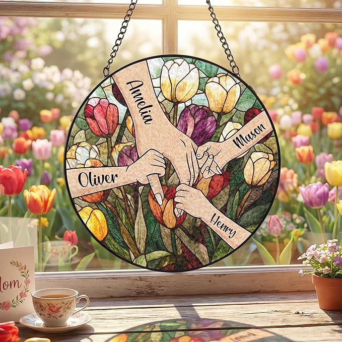 Personalized Mothers Day Stained Glass Gifts for Mom, Custom Name Windows Hanging, Suncatcher Ornament Decor Gift from Daugher Son Husband
