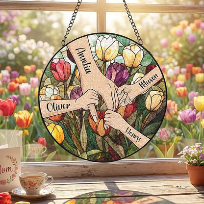 Personalized Mothers Day Stained Glass Gifts for Mom, Custom Name Windows Hanging, Suncatcher Ornament Decor Gift from Daugher Son Husband