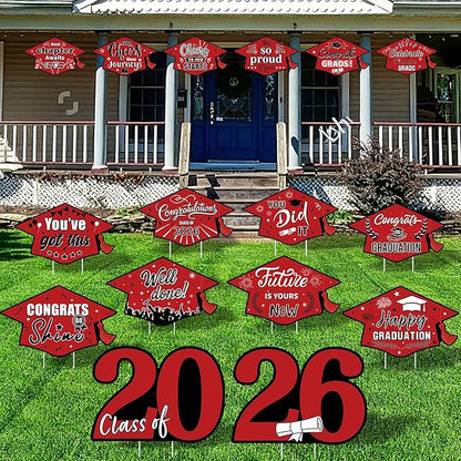 16 Pieces 2026 Graduation Yard Signs Plastic Congrats Grad Decor with 32 Stake and Ribbon Graduate Cap Hanging Yard Sign for Party Outdoor Lawn Pathway Walkway Decorations(Red)