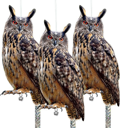 Owls to Keep Birds Away: 3Pack Fake Owl with Reflective Tape for Vineyard Garden Patio Pool, Reflective Hanging Decoration to Keep Birds Pigeon from Windows Tree Orchard