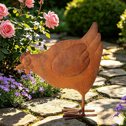 Rooster Garden Statue Decorations,Outdoor Sculpture Chicken Farm Animals Decoration,11.8" Rusty Chicken Decor for Patio Lawn Backyard Yard,Vintage Rustic Chicken Figurine Animal Ornaments