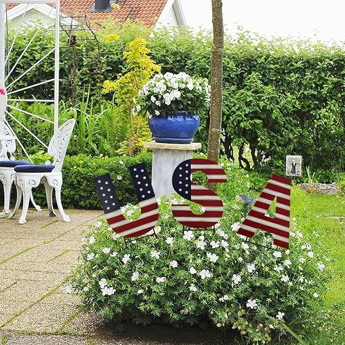 Aecipl Metal USA Yard Sign Patriotic Garden Stake 4th of July Outdoor Decorations Lawn Stakes Stars Decor American Flag Letter Set for Independence Day Memorial Veterans Day Party