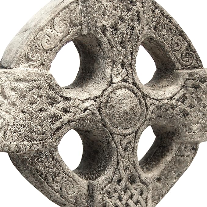 BestNest Athens Celtic Cross Garden Statue on Base – Pre-Aged Concrete Outdoor Religious Sculpture with Impressed Celtic Pattern, Gray Faith Garden Decor