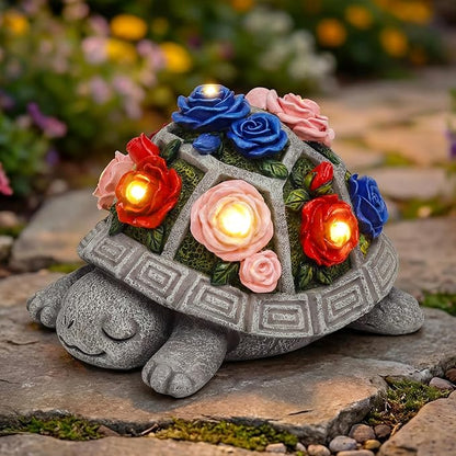 Solar Garden Decor Outdoor Turtle Statue with Multi-Color Rose Flowers & 7 LED Lights – Outside Tortoise Decoration for Lawn Yard Patio Backyard - Home House Art- Gift for Women Mom Grandma