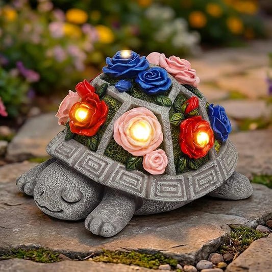 Solar Garden Decor Outdoor Turtle Statue with Multi-Color Rose Flowers & 7 LED Lights – Outside Tortoise Decoration for Lawn Yard Patio Backyard - Home House Art- Gift for Women Mom Grandma