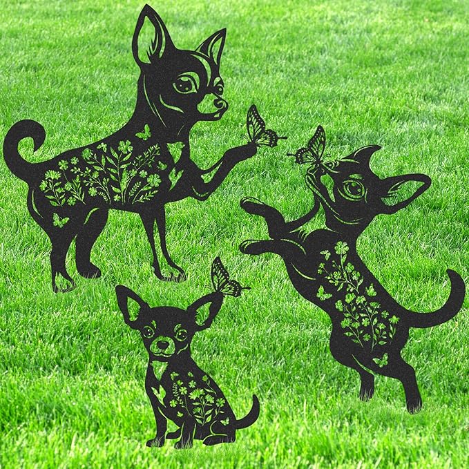 Garden Decor for Outside - 3 Pcs Chihuahua Statue Metal Yard Stakes Waterproof Black Animal Silhouette Ornaments Patio Lawn Pathway Backyard Decorations Cute Birthday Gifts for Dog Lover