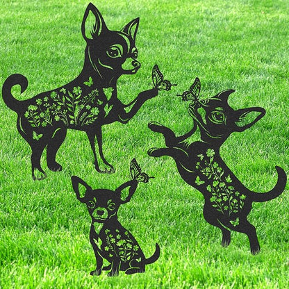 Garden Decor for Outside - 3 Pcs Chihuahua Statue Metal Yard Stakes Waterproof Black Animal Silhouette Ornaments Patio Lawn Pathway Backyard Decorations Cute Birthday Gifts for Dog Lover