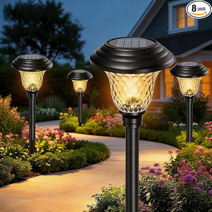 Beau Jardin 8 Pack Solar Pathway Lights White+Color Changing Stainless Steel 3 Mode Outdoor Multicolor Metal Solar Powered Waterproof Glass for Garden Landscape Path Yard Walkway Driveway Black