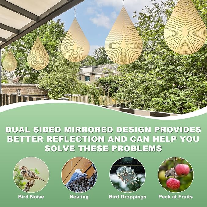 M METERXITY 1-Pack Hanging Wind Spinners, 15.4" 3D Stainless Steel Hanging Reflective Pinwheels for Patio/Yard/Outdoor, Garden Decor Windmill [Gold Tone, Water Droplets]