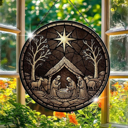 Nativity Scene Suncatcher - 7.9" Hand Painted Stained Glass Christmas Ornament & Window Hanging, Outdoor/Indoor Birth of Jesus Decor, Religious Christian Gift for Women, Men