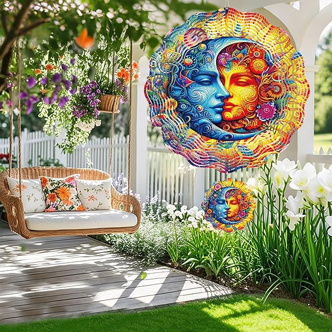 Sun and Moon Wind Spinner Outdoor, Celestial Gift for Mom and Women, Hanging Metal Wind Catcher with 3" Center Pendant, 12" 3D Stainless Steel Kinetic Art for Garden Yard