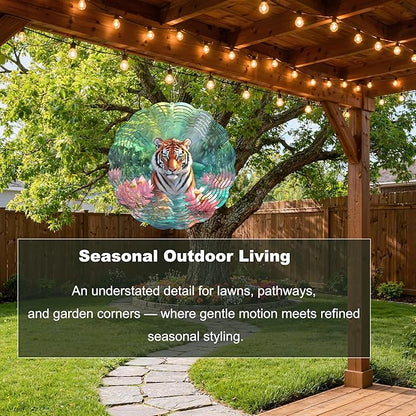 10x10 Inch Wind Spinner Outdoor Hanging Tiger Lotus Pond Metal Kinetic Spiral Ornament for Yard Garden Patio Porch Balcony Tree Window Decor Gift