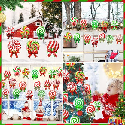 Huwena 30 Pcs Christmas Outdoor Hanging Decorations Snowflakes Candy Yard Signs Include 6 Plastic Yard Stakes 24 Double Sided Ornaments for Christmas Winter Holiday Garden Tree Decor(Candy Cane)