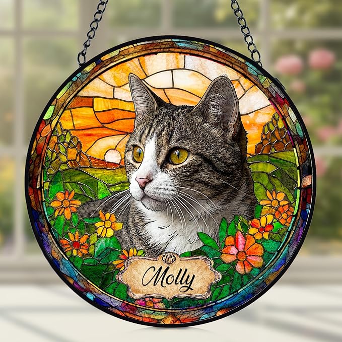 Personalized Pet Stained Glass Suncatcher, Dog Cat Memorial Window Hanging, Sympathy Bereavement Potrait Photo Gift for Loss of Pet, Remembrance Gift for Cat Dog Lovers