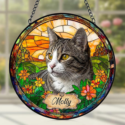 Personalized Pet Stained Glass Suncatcher, Dog Cat Memorial Window Hanging, Sympathy Bereavement Potrait Photo Gift for Loss of Pet, Remembrance Gift for Cat Dog Lovers