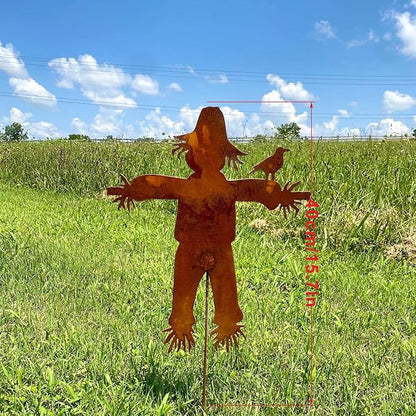 Metal Scarecrow Garden Art - Freestanding Scarecrow & Bird Design, Weatherproof Outdoor Fall Decor for Yard, Porch - Thanksgiving & Autumn Rustic Charm