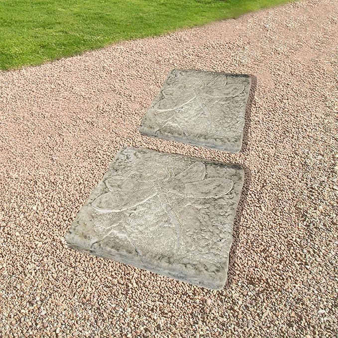 BestNest Set of 2 Athens Pre-Aged Dragonfly Stepping Stones – 12"x12" Concrete Garden Pavers with Raised Insect Detail – Gray Stone Finish Outdoor Pathway Decor
