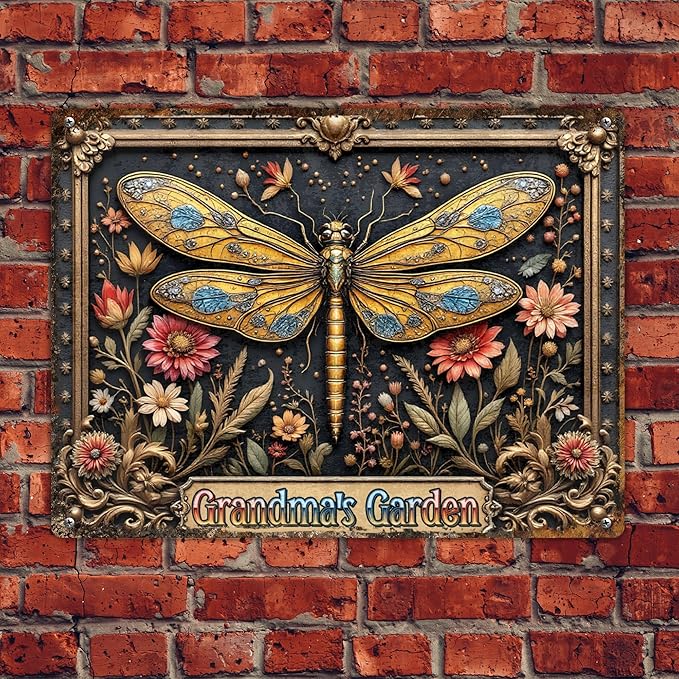 Custom Garden Signs Personalized Metal Tin Sign for Women, Dragonfly Metal Sign for Outdoor, Patio, Yard Rustic Home Decor Gift for Mothers Day, Grandmas, and Gardening Lovers