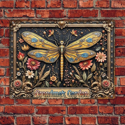 Custom Garden Signs Personalized Metal Tin Sign for Women, Dragonfly Metal Sign for Outdoor, Patio, Yard Rustic Home Decor Gift for Mothers Day, Grandmas, and Gardening Lovers