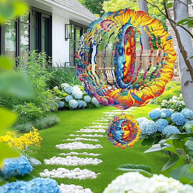 Sun and Moon Wind Spinner Outdoor, Celestial Gift for Mom and Women, Hanging Metal Wind Catcher with 3" Center Pendant, 12" 3D Stainless Steel Kinetic Art for Garden Yard