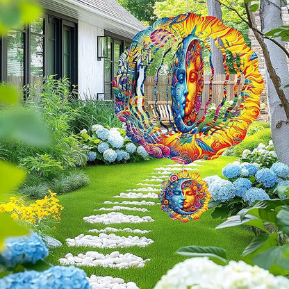 Sun and Moon Wind Spinner Outdoor, Celestial Gift for Mom and Women, Hanging Metal Wind Catcher with 3" Center Pendant, 12" 3D Stainless Steel Kinetic Art for Garden Yard