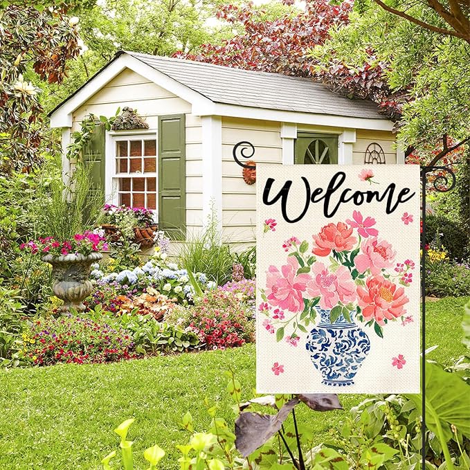 AVOIN colorlife Pink Peony Spring Floral Garden Flag 12x18 Inch Double Sided Outside, Blue and White Chinoiserie Seasonal Welcome Yard Outdoor Flag