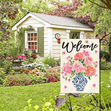 AVOIN colorlife Pink Peony Spring Floral Garden Flag 12x18 Inch Double Sided Outside, Blue and White Chinoiserie Seasonal Welcome Yard Outdoor Flag