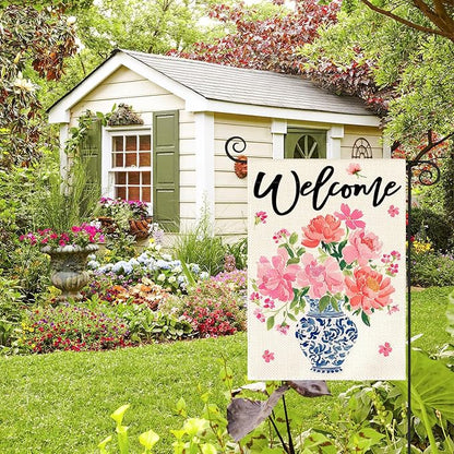 AVOIN colorlife Pink Peony Spring Floral Garden Flag 12x18 Inch Double Sided Outside, Blue and White Chinoiserie Seasonal Welcome Yard Outdoor Flag
