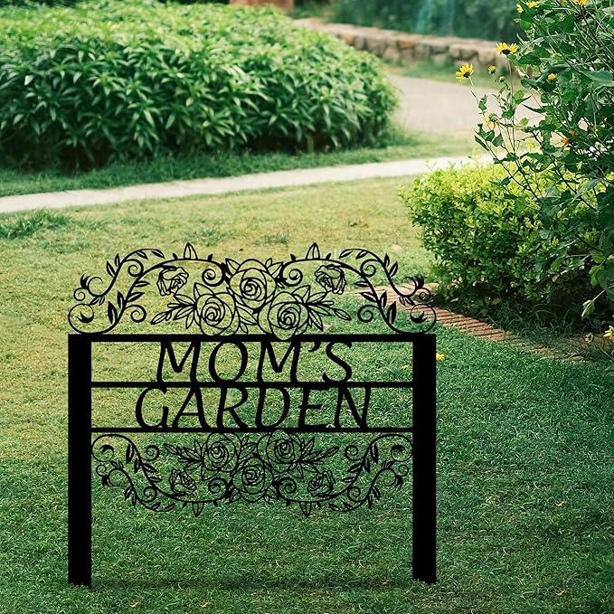 Custom Metal Garden Sign with Flowers, Personalized Garden Metal Stake with Rose, Flower Garden Name Decor, Custom sign for Outside, Customized Gardening Decoration, Yard Art, Gift for Mom, Grandmom