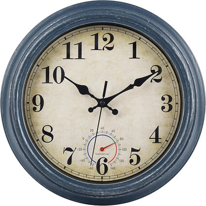 Outdoor Clocks Waterproof with Thermometer Rustic Coastal Wall Clock Decor for Patio Pool Garden(12 Inch,Blue)