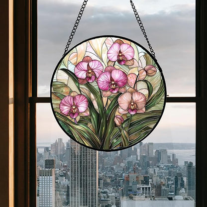 Stained Glass Window Hanging - Pink Phalaenopsis Orchid Green Leaves Sun Catcher for Door Home Decor Flower Suncatcher Christmas Mother's Day Birthday Gifts for Women Men Mom Nana 9.8 in