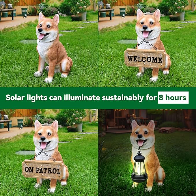 Akita Dog Garden Statue with Solar Lantern, Outdoor Resin Puppy Animal Sculpture with Double-Sided Sign (Welcome & On Patrol), Waterproof Lawn Yard Porch Patio Decor, Dog Lover Gifts, 11.4"