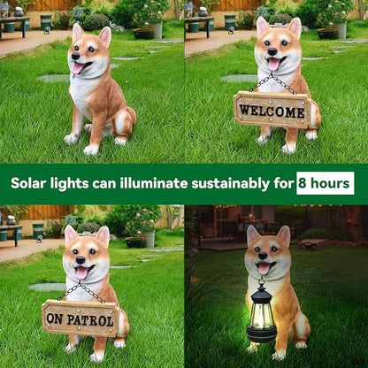 Akita Dog Garden Statue with Solar Lantern, Outdoor Resin Puppy Animal Sculpture with Double-Sided Sign (Welcome & On Patrol), Waterproof Lawn Yard Porch Patio Decor, Dog Lover Gifts, 11.4"