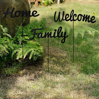 Metal Letters Garden Stakes Yard Art Word Sign Lawn Decoration Indoor Outdoor Plant Pot Decor Decorative Stick for Patio Pathway Flower Bed (home family welcome)