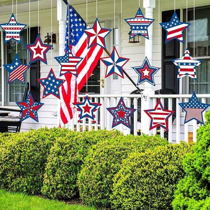 Ferraycle 16 Pcs 4th of July Decorations Outdoor Patriotic Tree Ornaments Memorial Day Hanging Ornaments Large Red White Blue Star Double Sided Plastic Slice for Tree Yard Porch Independence Day Decor