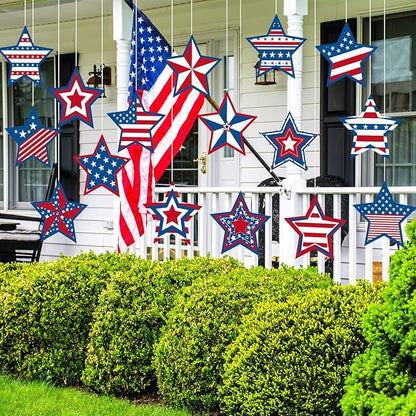 Ferraycle 16 Pcs 4th of July Decorations Outdoor Patriotic Tree Ornaments Memorial Day Hanging Ornaments Large Red White Blue Star Double Sided Plastic Slice for Tree Yard Porch Independence Day Decor